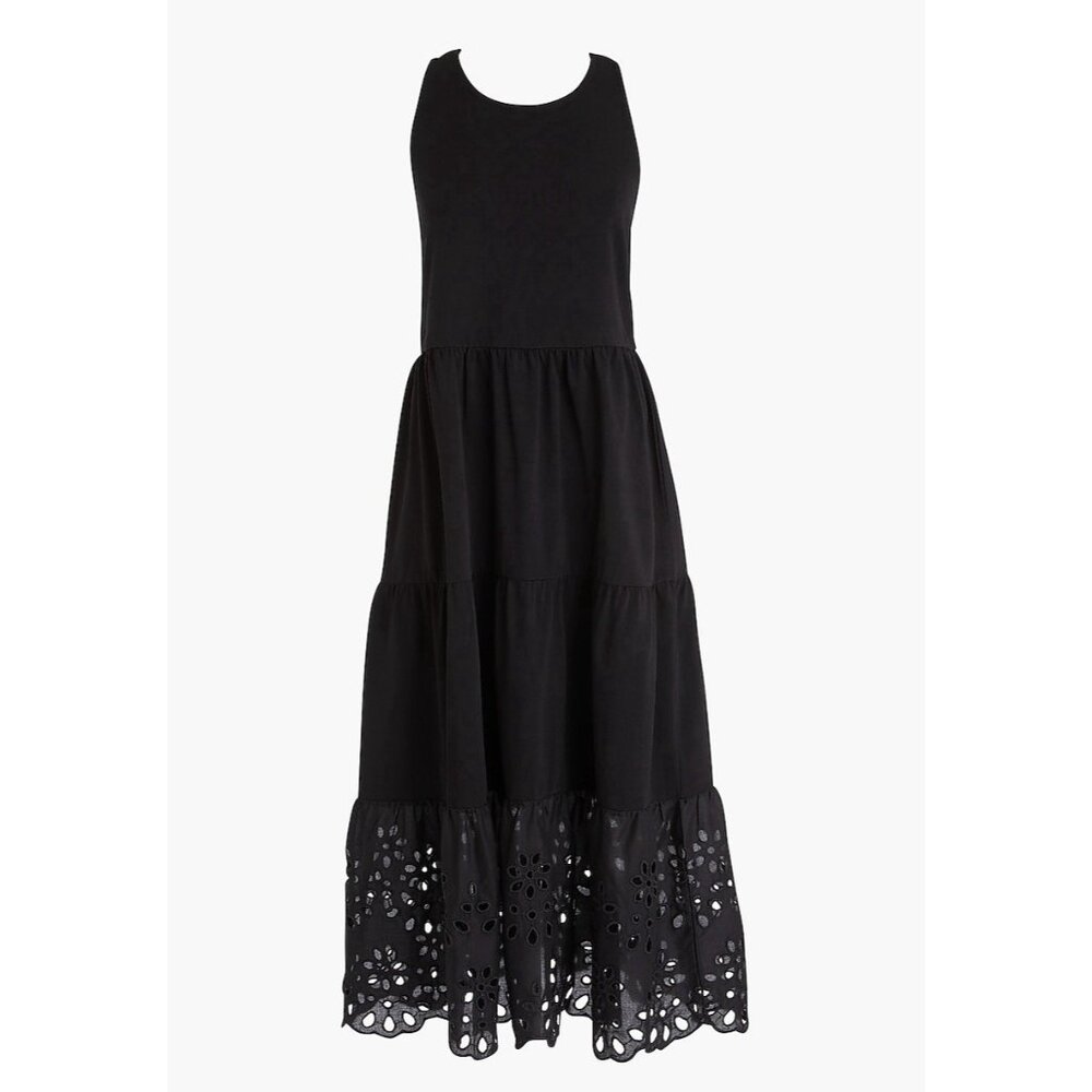 J. Crew Women’s Tiered knit dress eyelet trim Small Black Embroidery Stretch - Picture 1 of 12